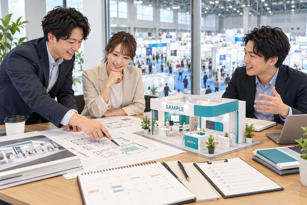 展示会出展に向けてブース模型と図面を確認する担当者|誉展示会