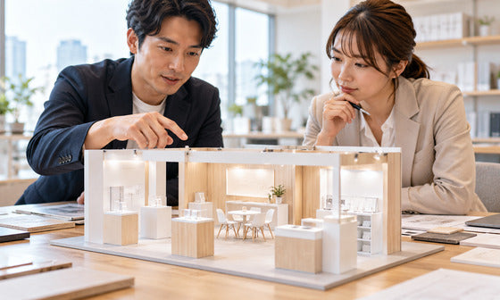 展示会ブースで商品を紹介するスタッフと説明を聞く来場者|誉展示会