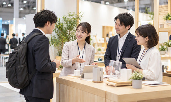 展示会ブースで商品を紹介するスタッフと説明を聞く来場者|誉展示会