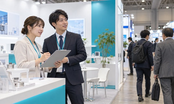 展示会ブースで来場者の様子を確認する二人の担当者|誉展示会