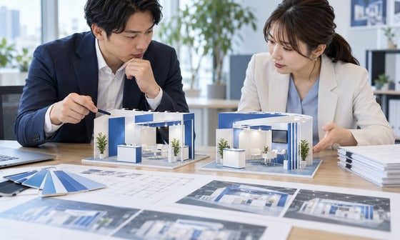 展示会ブースの模型と配色資料を比較する担当者|誉展示会