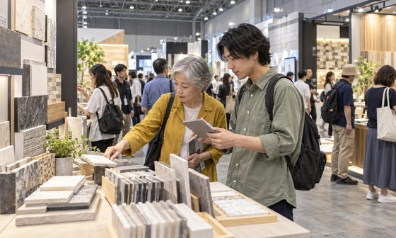 素材を紹介する展示会場を歩きながら展示を見る来場者|誉展示会