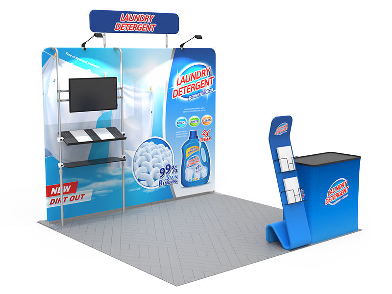 1小間 展示会ブース BOOTH-18|幅3m ストレート壁面 ヘッダー付き+棚2段(モニター・ファブリックサイン付)|誉展示会装飾