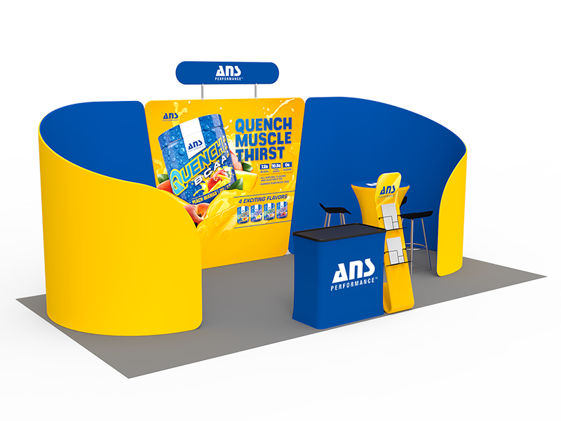 2小間 展示会ブース BOOTH-09|半円壁面2枚+中央ヘッダー付き壁面(カウンター・カクテルテーブル2台)|誉展示会装飾