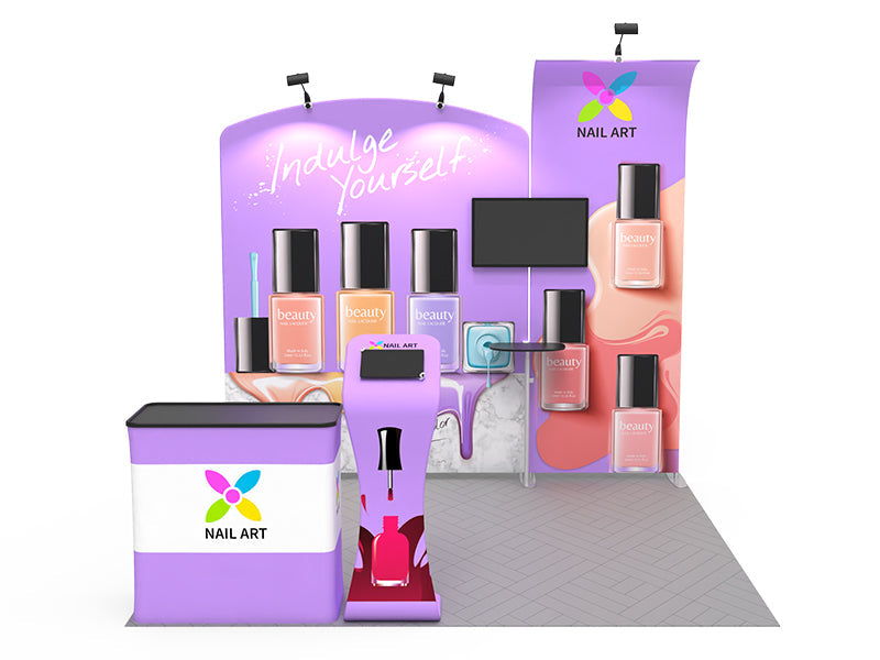 1小間 展示会ブース BOOTH-15|ファブリック壁面+スリムウォール(モニター・iPad・什器一式)|誉展示会装飾