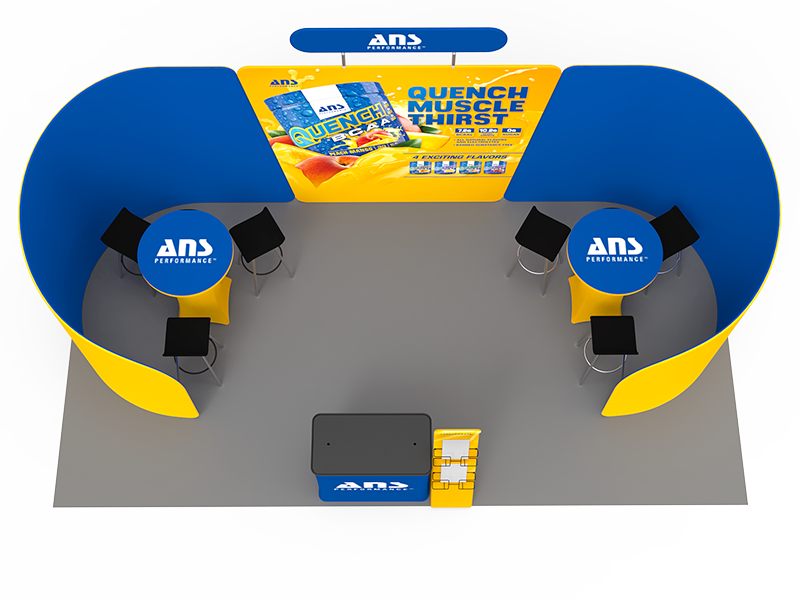 2小間 展示会ブース BOOTH-09|半円壁面2枚+中央ヘッダー付き壁面(カウンター・カクテルテーブル2台)|誉展示会装飾