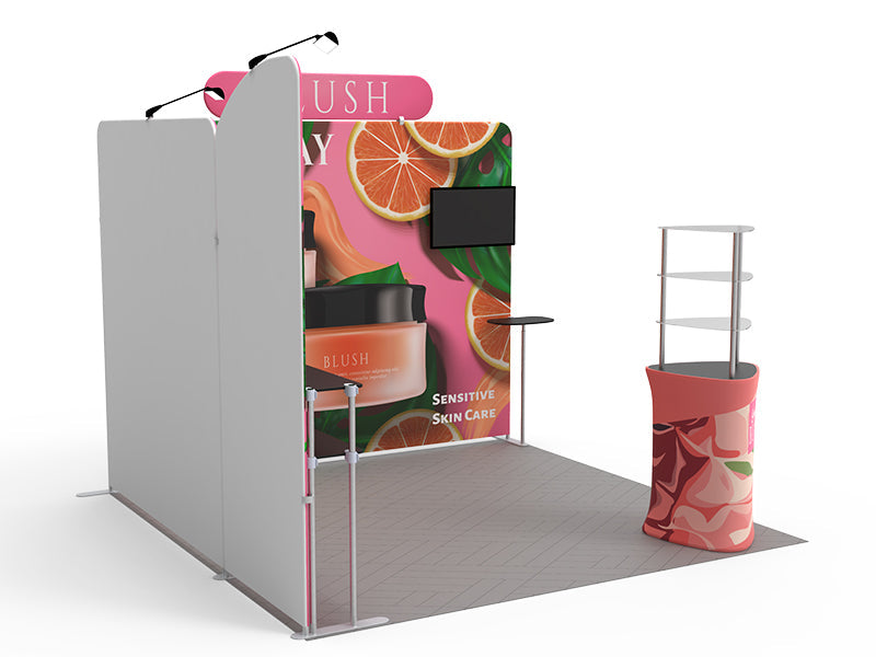 1小間 展示会ブース BOOTH-T|幅3m ヘッダー付き壁面+ショーケース(モニター・什器一式)|誉展示会装飾