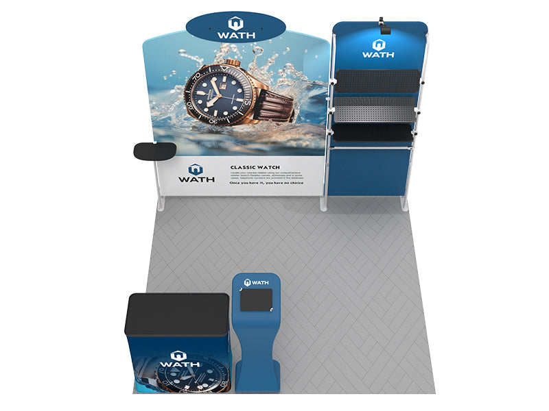 1小間 展示会ブース BOOTH-20|ヘッダー付き壁面+ファブリックスタンド02(iPad・カウンター・ミニテーブル付)|誉展示会装飾