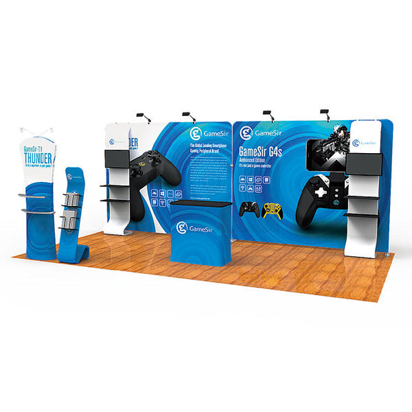 2小間 展示会ブース BOOTH-I|幅3m ストレート壁面2枚+モニタースタンド2台(カウンター・什器一式)|誉展示会装飾