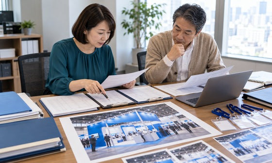 展示会の接客記録と集計資料を照合して成果を振り返る担当者｜誉展示会