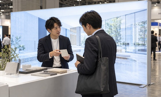 展示会ブースで素材見本を紹介する出展者と説明を聞く来場者｜誉展示会