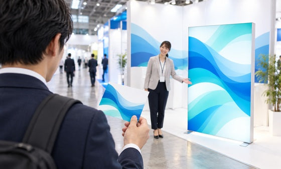 案内カードを手に展示会ブースへ向かう来場者｜誉展示会