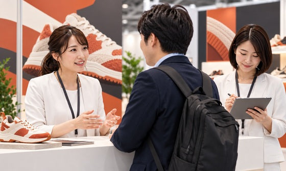 スニーカー展示会の受付で来場者と話す担当者と相談内容を記録するスタッフ｜誉展示会