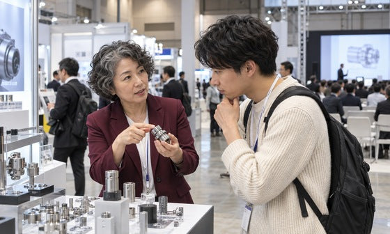 工業部品の展示会で実物を使って来場者に説明する出展者｜誉展示会