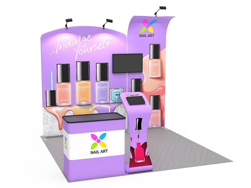 1小間 展示会ブース BOOTH-15｜ファブリック壁面＋スリムウォール（モニター・iPad・什器一式）｜誉展示会装飾