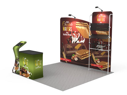 1小間 展示会ブース BOOTH-21｜バックウォール04＋ファブリックスタンド02（iPad・カウンター付）｜誉展示会装飾
