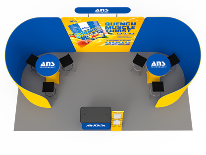 2小間 展示会ブース BOOTH-09｜半円壁面2枚＋中央ヘッダー付き壁面（カウンター・カクテルテーブル2台）｜誉展示会装飾