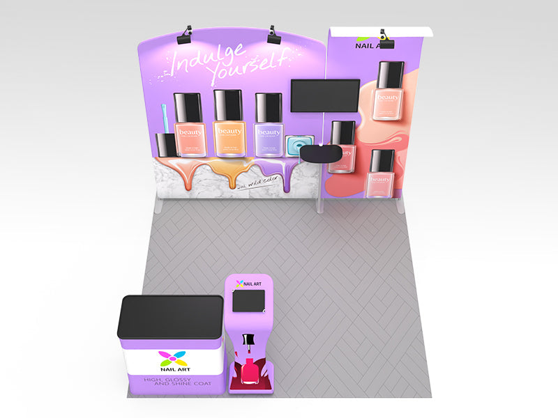 1小間 展示会ブース BOOTH-15｜ファブリック壁面＋スリムウォール（モニター・iPad・什器一式）｜誉展示会装飾