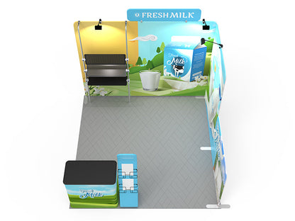1小間 展示会ブース BOOTH-O｜幅3m ストレート壁面 ヘッダー付き＋サイドウォール2枚＋棚3段｜誉展示会装飾
