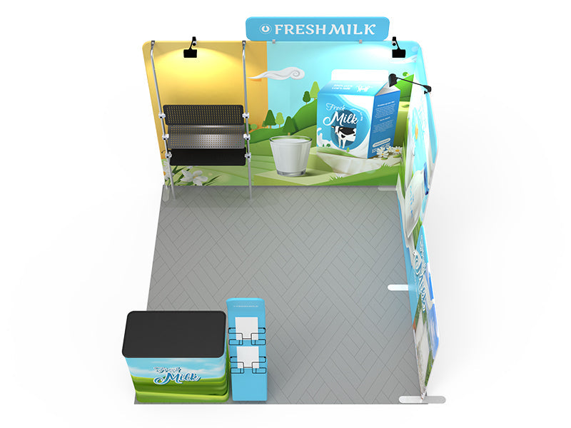 1小間 展示会ブース BOOTH-O｜幅3m ストレート壁面 ヘッダー付き＋サイドウォール2枚＋棚3段｜誉展示会装飾