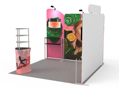 1小間 展示会ブース BOOTH-T｜幅3m ヘッダー付き壁面＋ショーケース（モニター・什器一式）｜誉展示会装飾