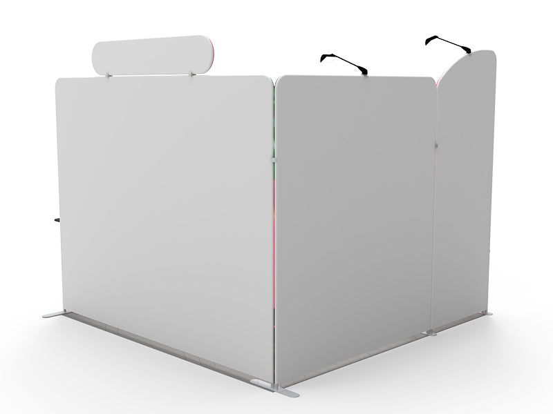 1小間 展示会ブース BOOTH-T｜幅3m ヘッダー付き壁面＋ショーケース（モニター・什器一式）｜誉展示会装飾