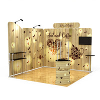 1小間 展示会ブース BOOTH-T｜幅3m ヘッダー付き壁面＋ショーケース（モニター・什器一式）｜誉展示会装飾
