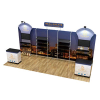 2小間 展示会ブース BOOTH-P｜幅6m ストレート壁面 ヘッダー付き＋棚4段2基＋モニタースタンド2台｜誉展示会装飾