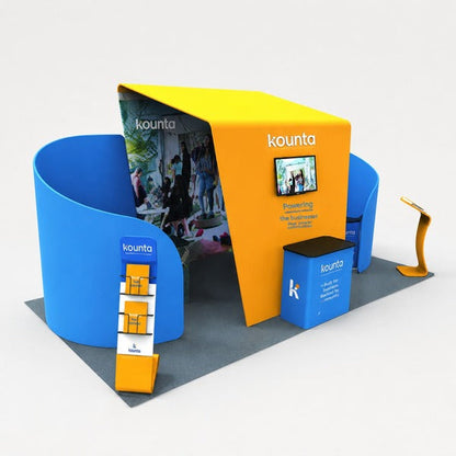 2小間 展示会ブース BOOTH-T｜中央ブース＋半円バックウォール2枚（カウンター・iPad・モニター付）｜誉展示会装飾