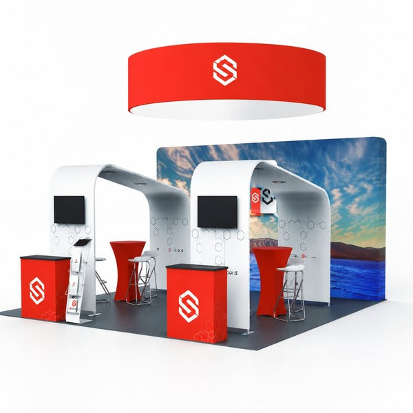 4小間 展示会ブース BOOTH-B｜傾斜アーチ2基＋幅6m 壁面（ハンギングバナー・什器一式）