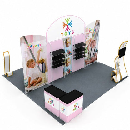 4小間 展示会ブース BOOTH-D｜幅3m 中央壁面＋半円パネル＋左右壁面2枚（棚・カウンター2台）｜誉展示会装飾
