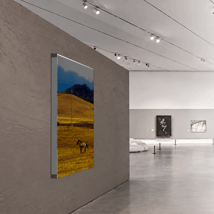 風景写真を掲出したボスライト壁掛けタイプの設置・点灯比較GIF｜誉展示会